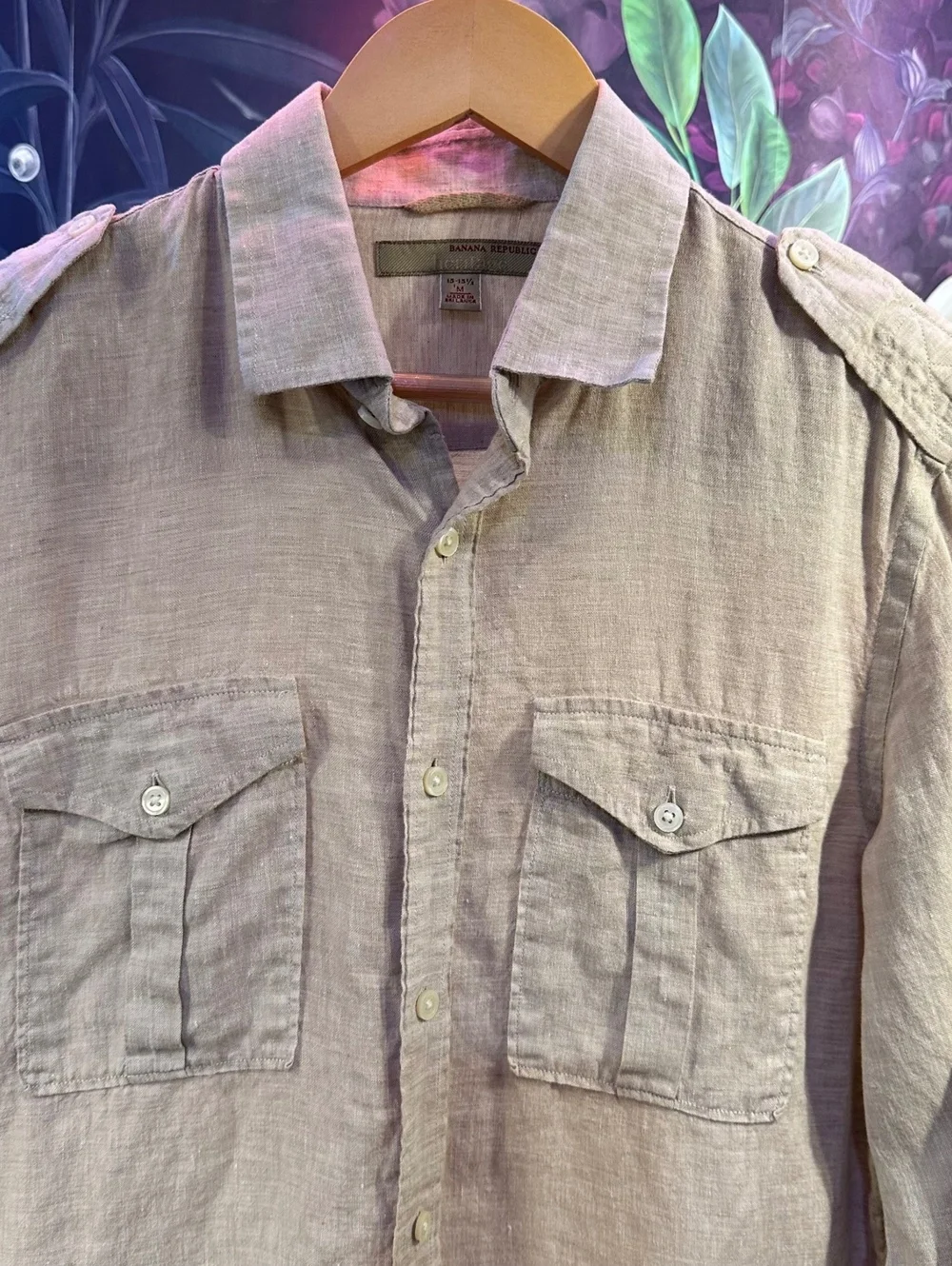 Banana Republic Heritage M 100% Linen Safari Utility Shirt Epaulet Khaki